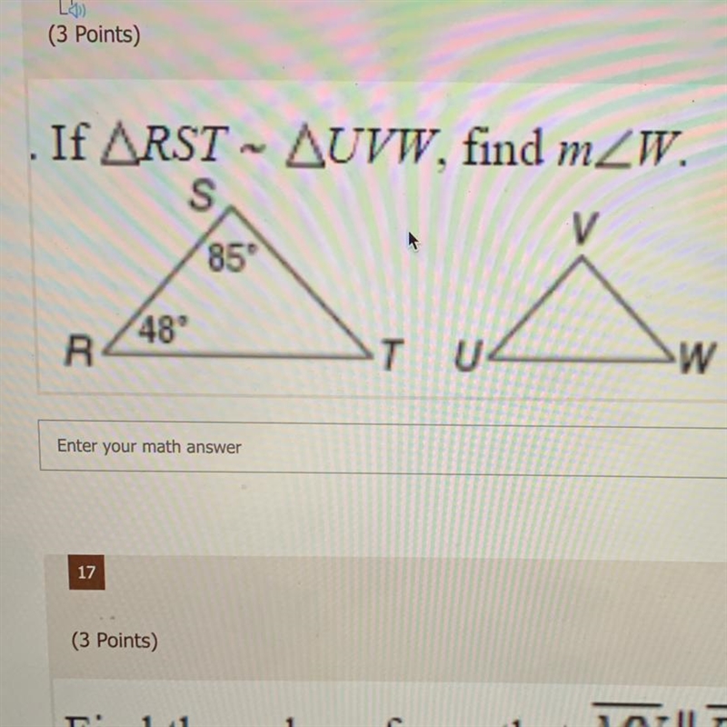 . If RST - UVW, find mZW. S 85 48° R TU W-example-1