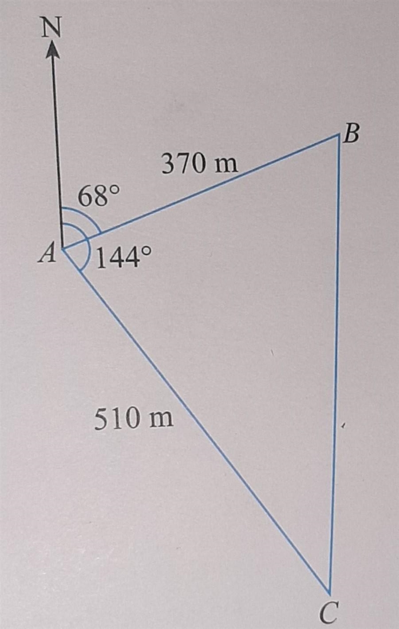 Given that AB = 370 m and AC = 510 m, find (i) the distance between B and C, (ii) ACB-example-1