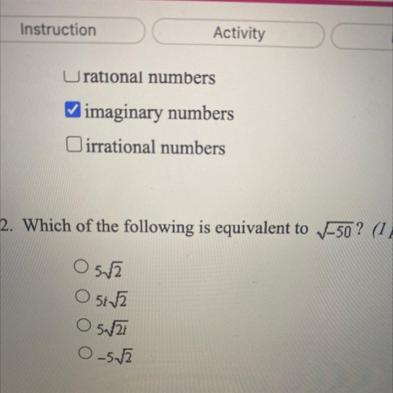 Which of the following is equivalent to -50 ? 05.52 O 512 O 5V21 0-52-example-1