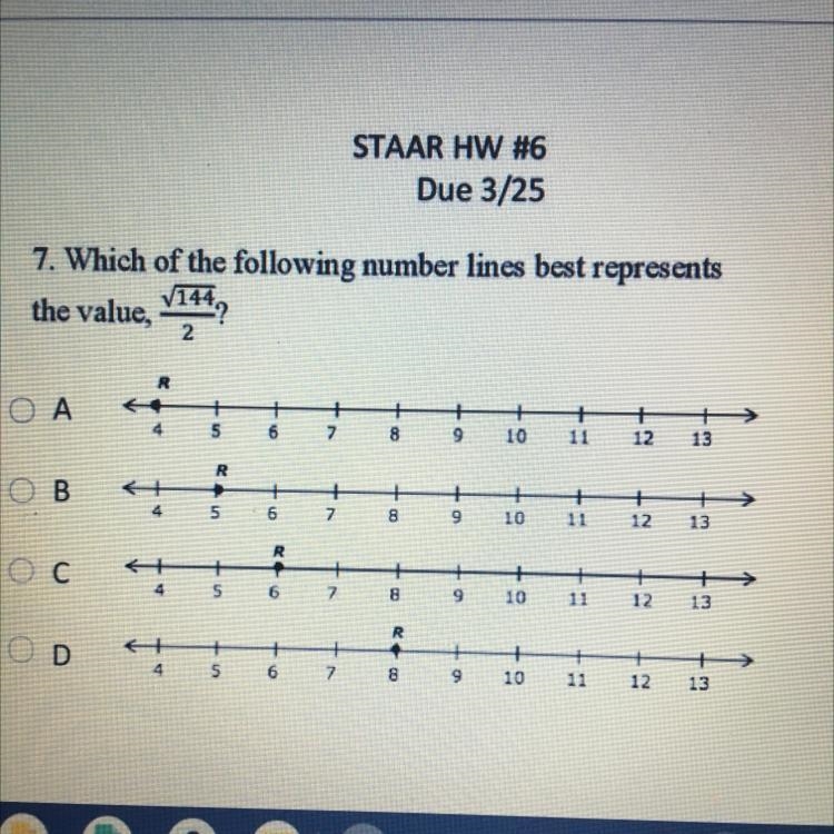 Which of the following number lines best represents the value, 144/2-example-1