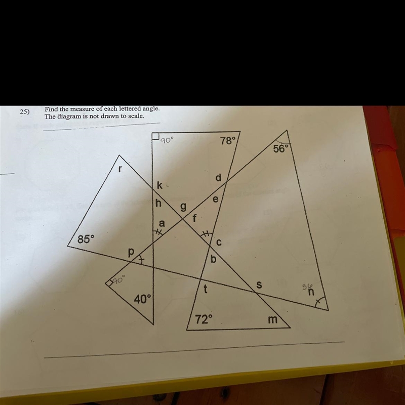 25) Find the measure of each lettered angle. The diagram is not drawn to scale.-example-1