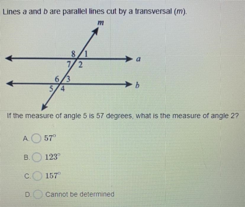 If the measure of angle 5 is 57 degrees, what is the measure of angle 2?-example-1