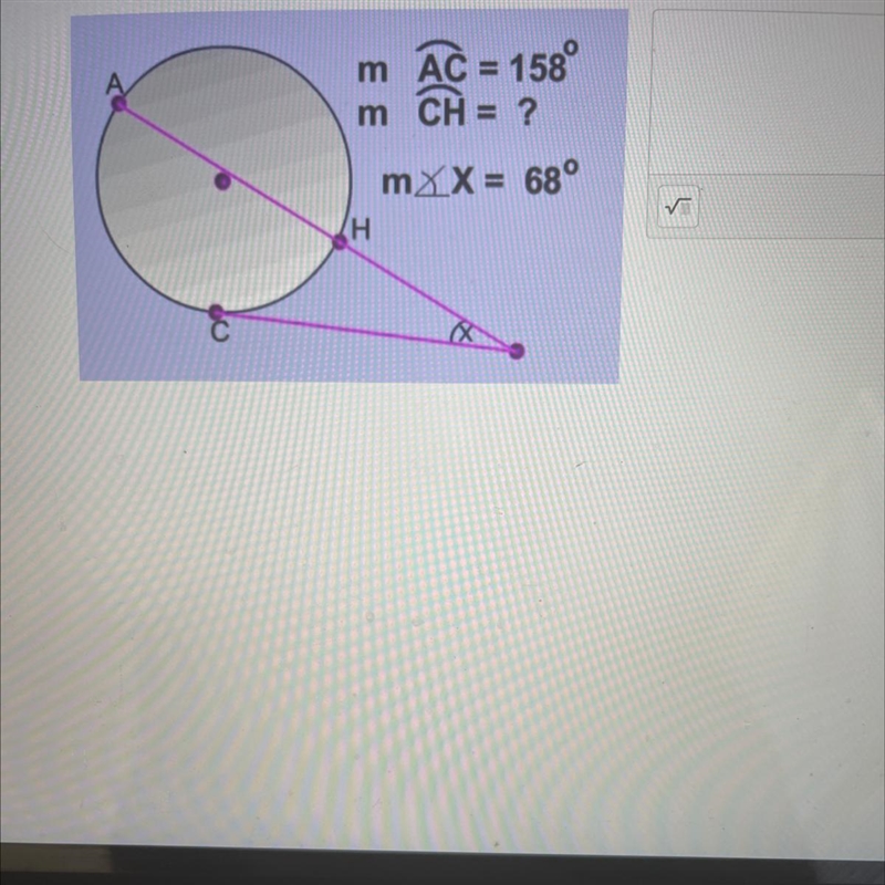 M AC = 158° m CH = ? mXX = 68°-example-1