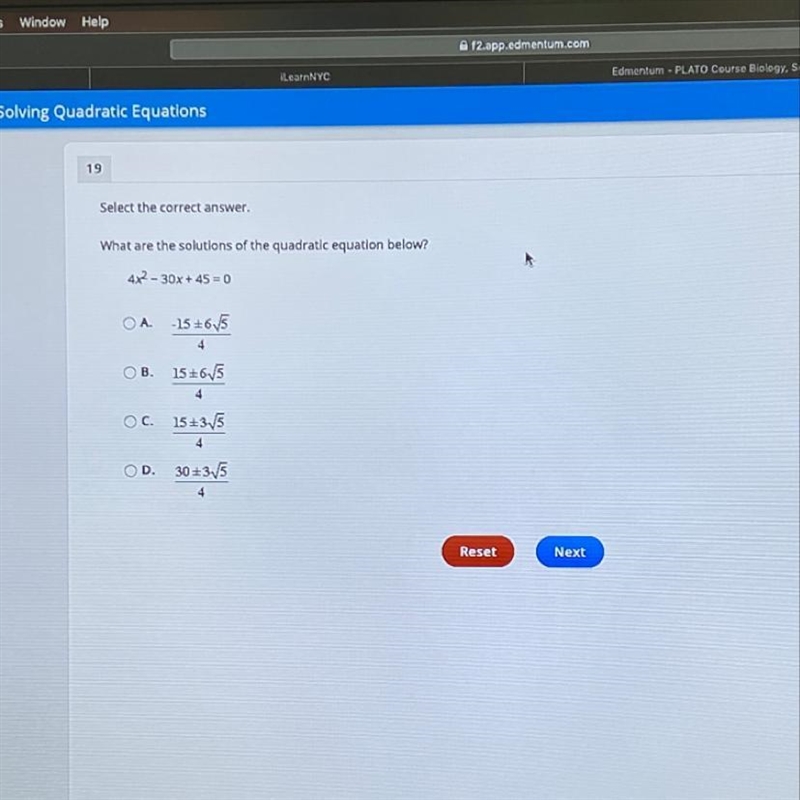 What are the solutions of the quadratic equation below 4x^2-30x+45=0￼-example-1