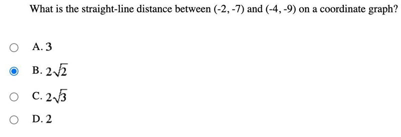 What is the straight-line distance between (-2, -7) and (-4, -9) on a coordinate graph-example-1