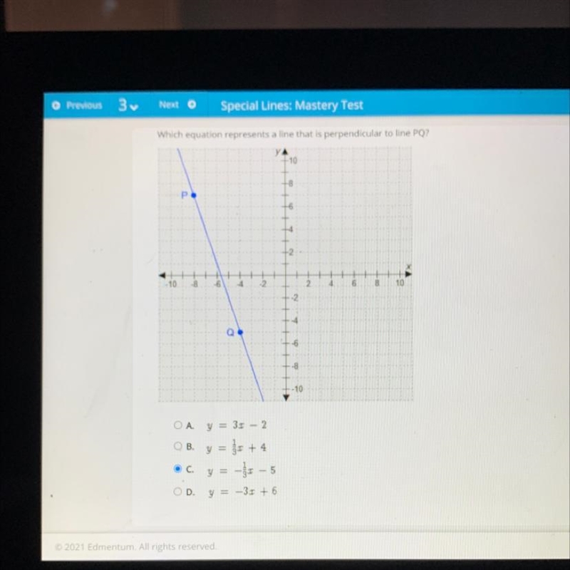 Which equation represents a line that is perpendicular to line PQ? 10 U - . - 10 -8 -6 -2 -60 10 2 4 on-example-1