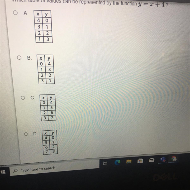 Which table of values can be represented by the function y = x + 4-example-1
