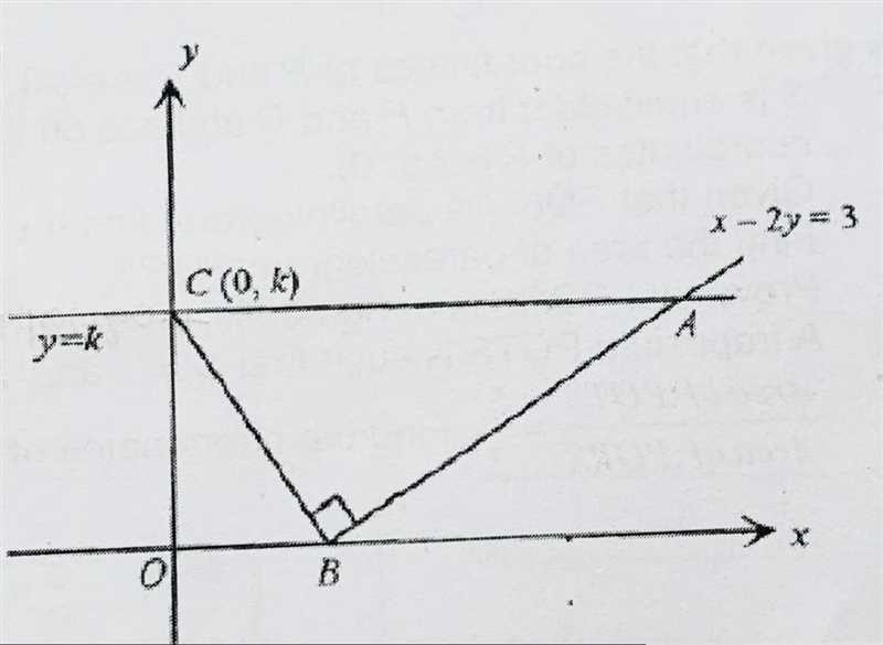 The line x - 2y = 3 intersects the line y = k at A, and crosses the x-axis at B. If-example-1