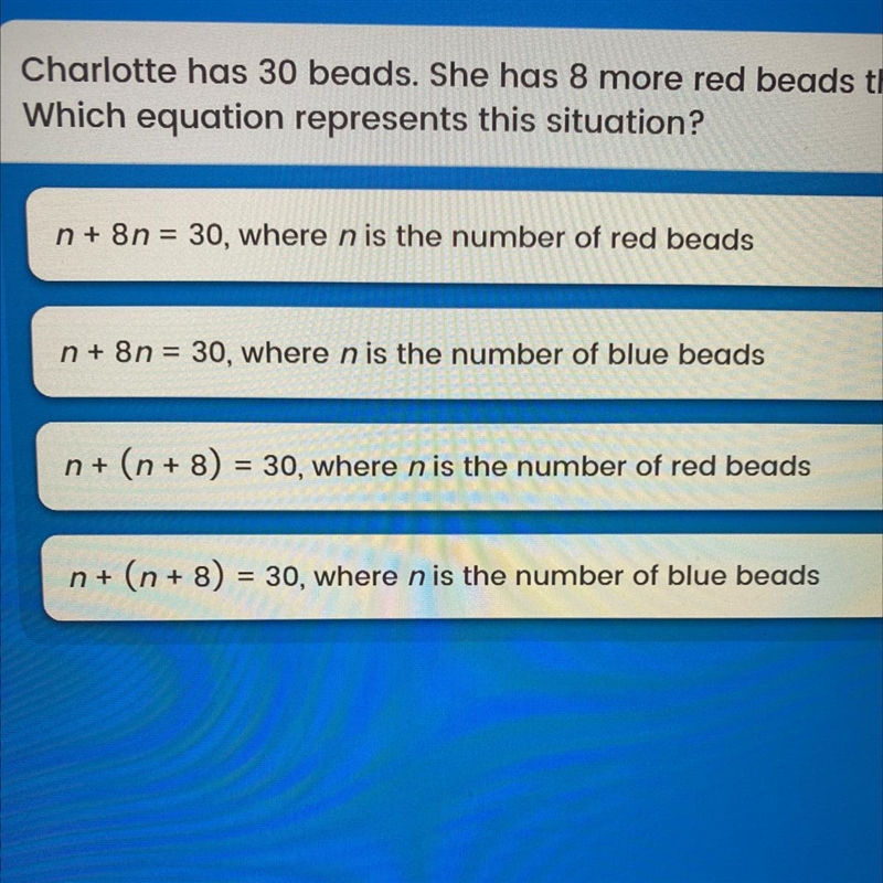 Charlotte has 3 beads. She has 8 more red beads than blue beads?-example-1