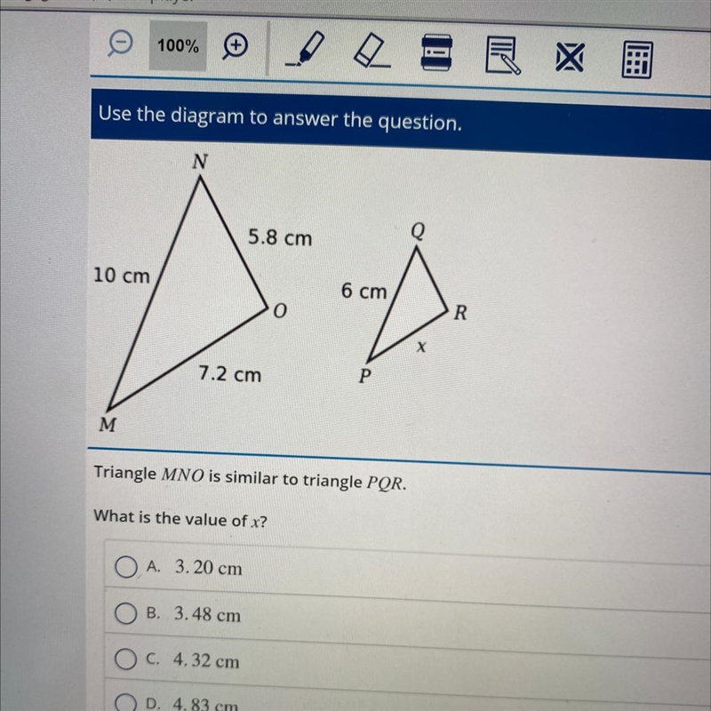 URGENT!!!!!! Triangle MNO is similar to triangle PQR. What is the value of x? O A-example-1