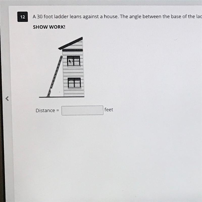 A 30 foot ladder leans against a house. The angle between the base of the ladder and-example-1