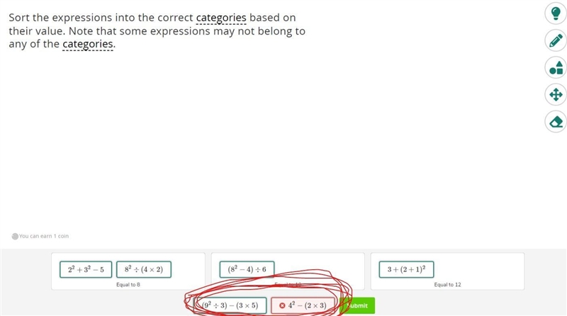 Sort the expressions into the correct categories based on their value. Note that some-example-1