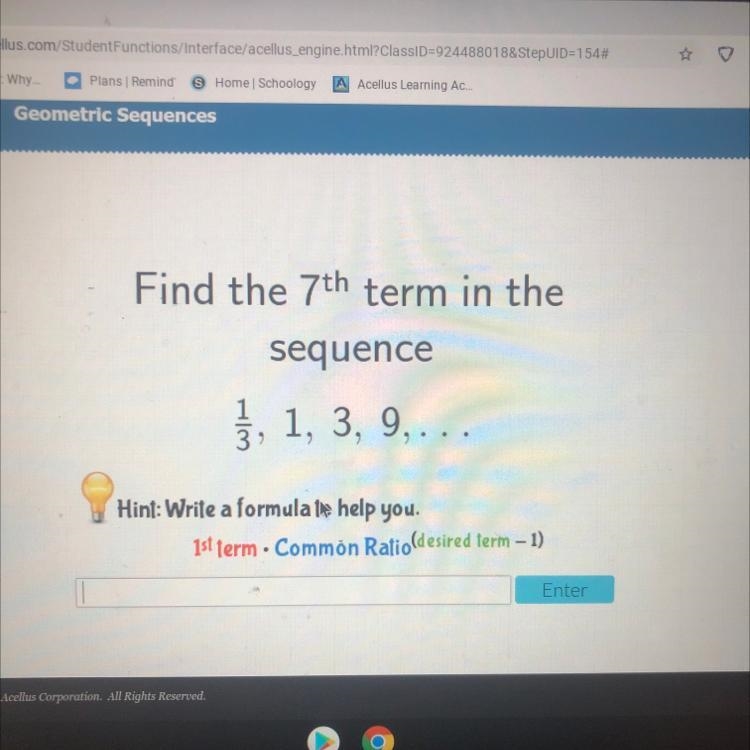 Find the 7th term in the sequence , 32 1, 3, 9,... Hint: Write a formula to help you-example-1