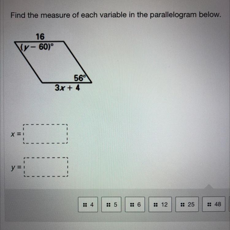 Fine the measure of each variable in the parallelogram please!?-example-1