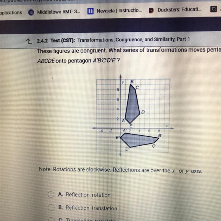 HELPPPP ASAP These figures are congruent. What series of transformations moves pentagon-example-1