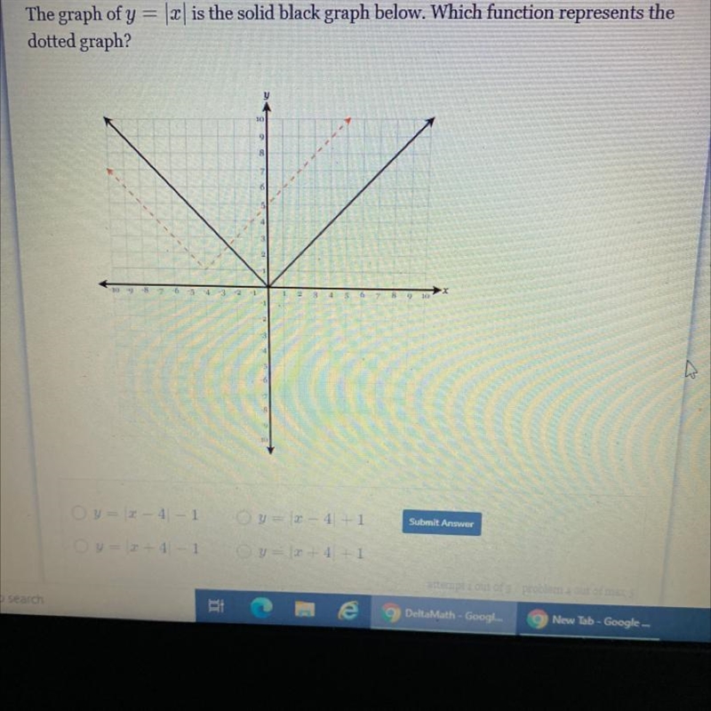 The graph of y = |x is the solid black graph below. Which function represents the-example-1