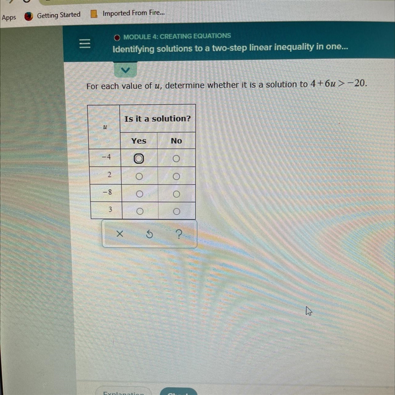 For each value of determine whether it is a solution to 4 + 6u > - 20-example-1