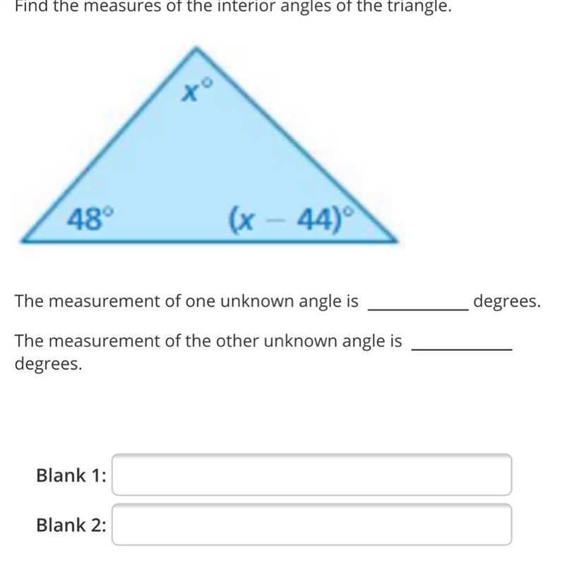 Find the measures of the interior angles of the triangle. The measurement of one unknown-example-1