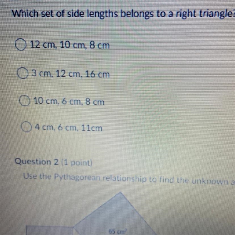 Which set of side lengths belong to a right triangle?-example-1