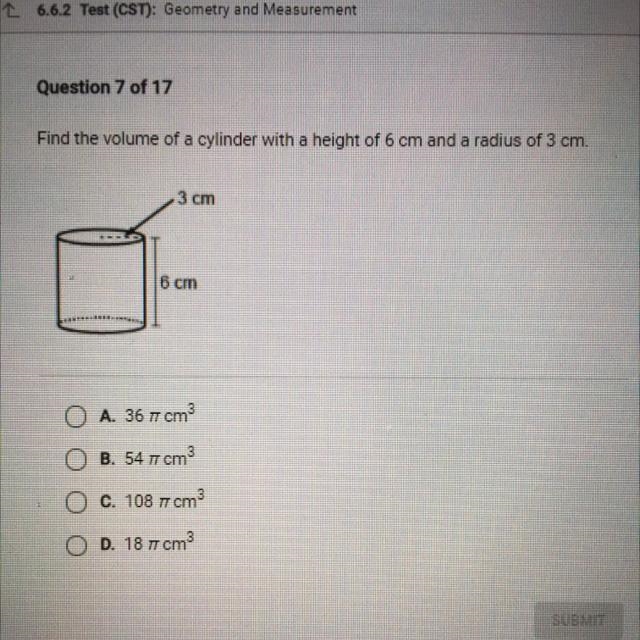 Find the volume of a cylinder with a height of 6 cm and a radius of 3 cm. 3 cm 8 cm-example-1