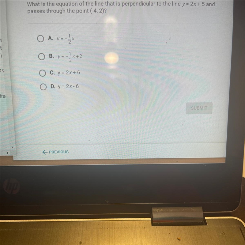 What is the equation of the line that is perpendicular to the line y = 2x + 5 and-example-1