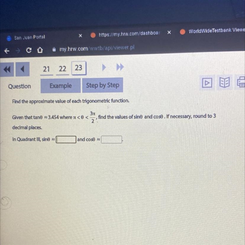 Find the approximate value of each trigonometric function. 31 Given that tano 3.454 where-example-1