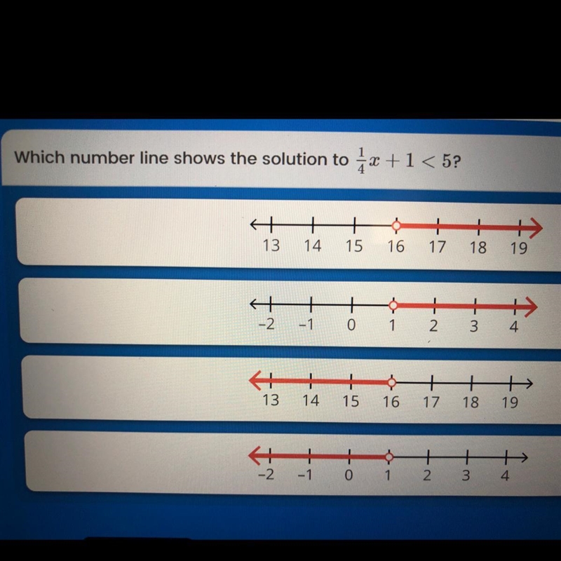 Which number line shows the solution to 1/4x + 1 <5?-example-1