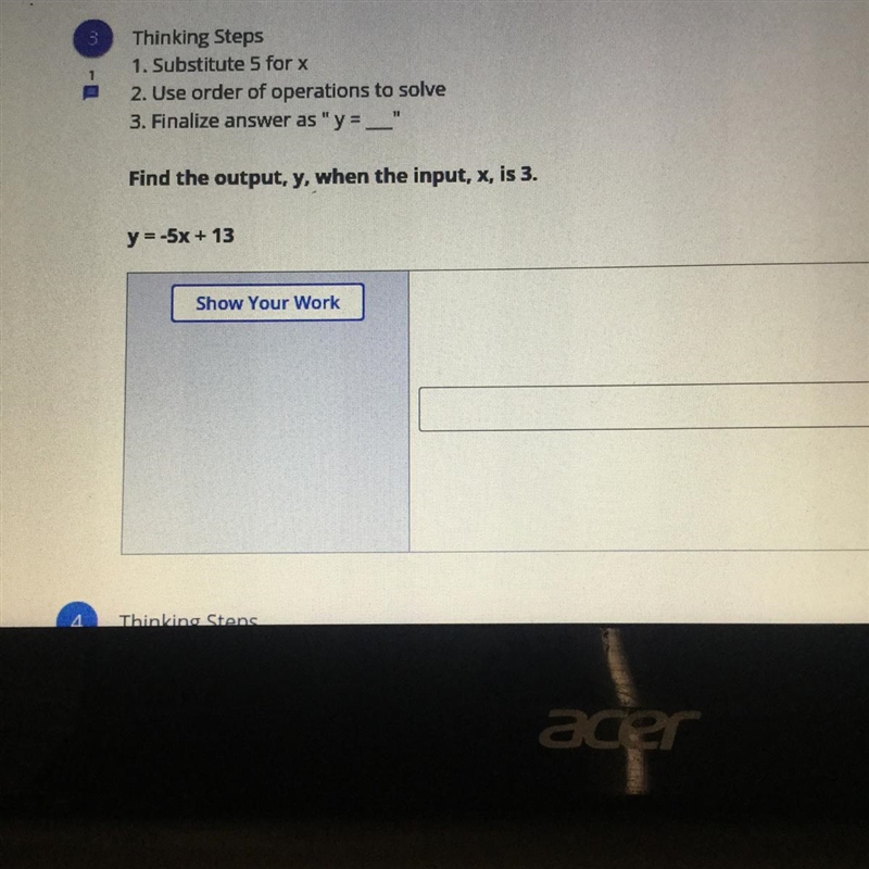 Find the output, y, when the input, x, is 3. Y=-5x+13-example-1