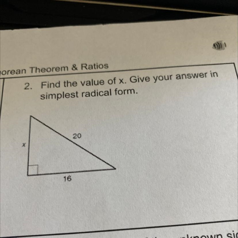 2. Find the value of x. Give your answer in simplest radical form. 20 16-example-1