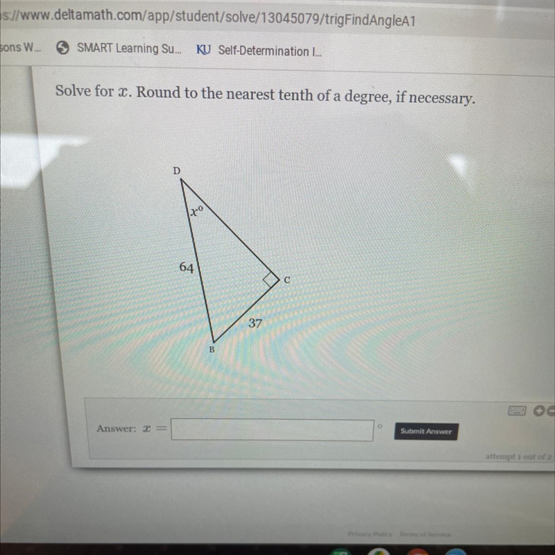 Solve for 2. Round to the nearest tenth of a degree, if necessary. D to 64 с 37 B-example-1