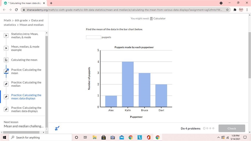 Find the mean of the data in the bar chart down below.-example-1