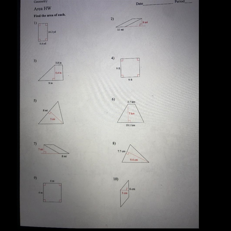 Find the area of each 1-10 show work.-example-1