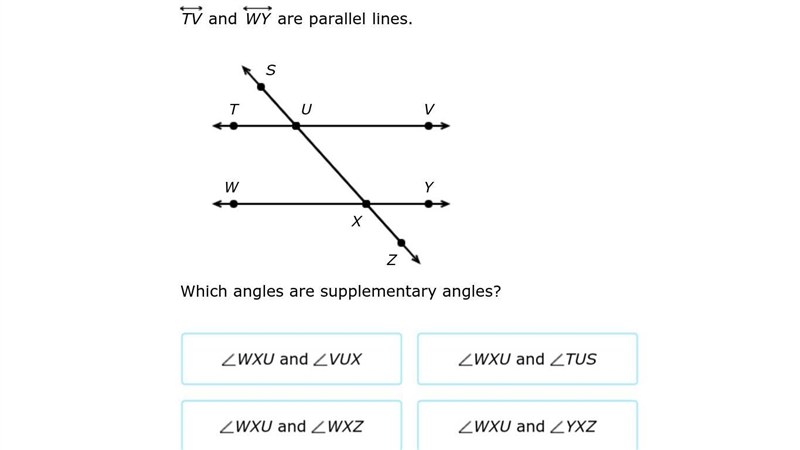 TV and WY are parallel lines, which angles are supplementary angles?-example-1