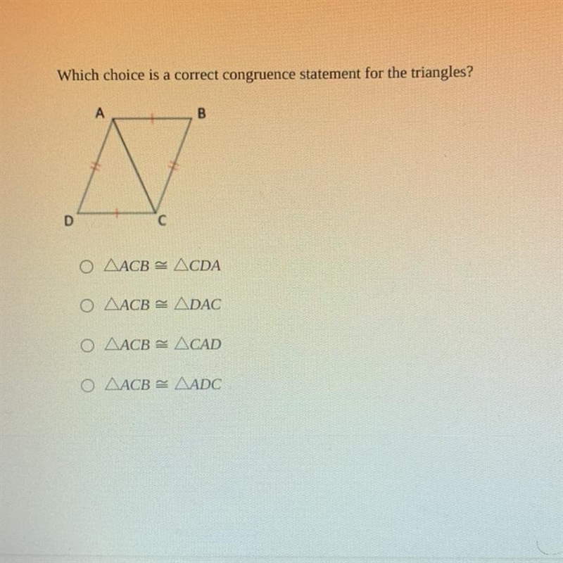 Which choice is a correct congruence statement for the triangles?-example-1