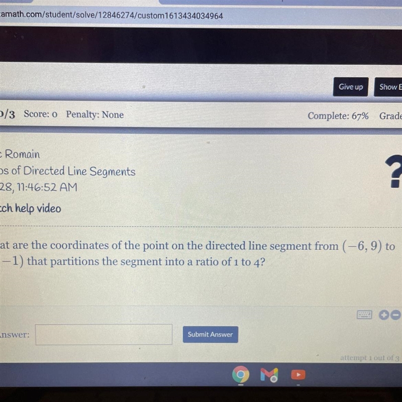 What are the coordinates of the point on the directed line segment from (-6,9) to-example-1