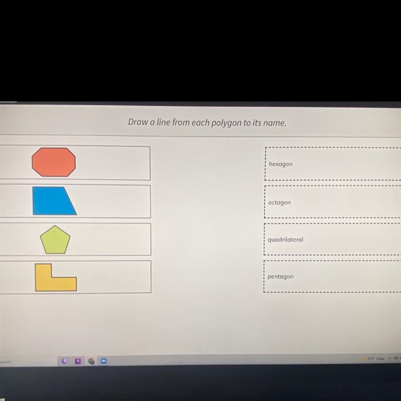 Draw a line from each polygon to its name. Hexagon octagon quadrilateral pentagon-example-1