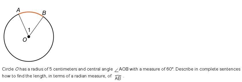 Circle O has a radius of 5 centimeters and central angle AOB with a measure of 60°. Describe-example-2