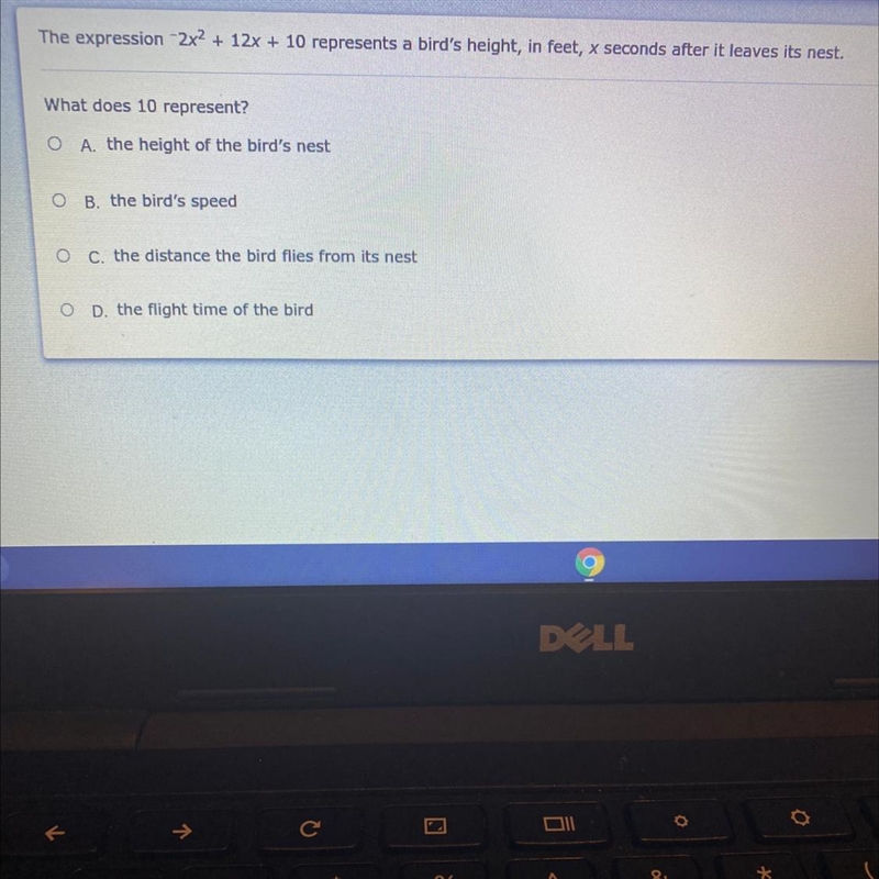 The expression 2x2 + 12x + 10 represents a bird's height, in feet, x seconds after-example-1