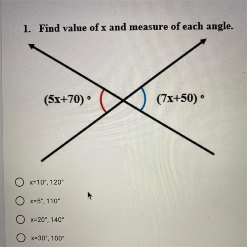 1. Find value of x and measure of each angle. (5x+70) (7x+50° pls help due today ​-example-1