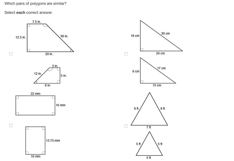 Which pairs of polygons are similar? Plz help-example-1