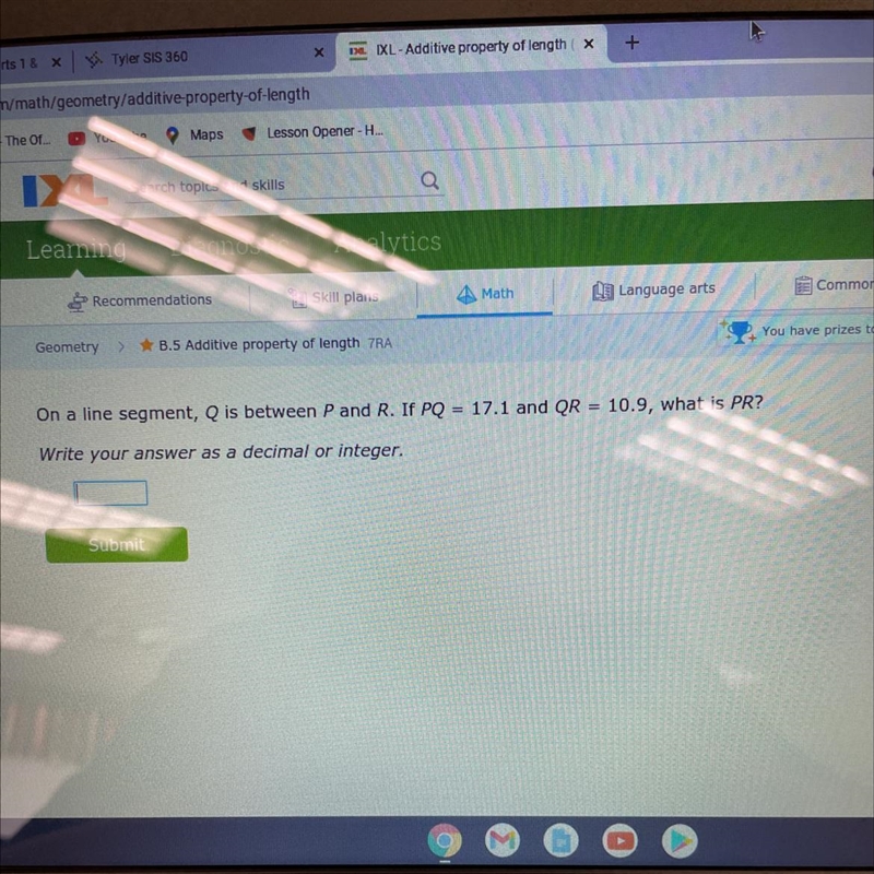 On a line segment Q is between P and R If PQ= 17.1 and QR = 10.9 what is PR?-example-1