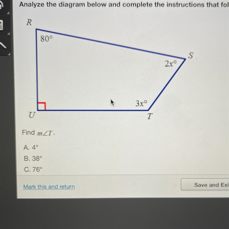 Find T A. 4° B. 38° C. 76° D. 114°-example-1