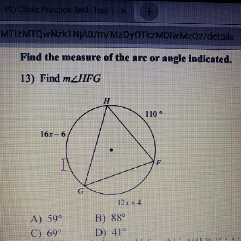 Find the measure of the arc or angle indicated.-example-1