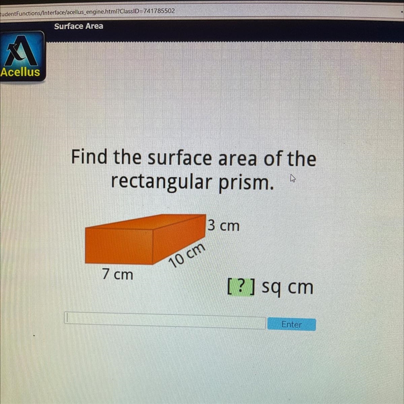 Find the surface area of the rectangular prism. 3 cm 10 cm 7 cm [?] sq cm-example-1