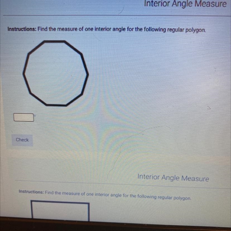 Find the measure of one interior angle for the following regular polygon-example-1