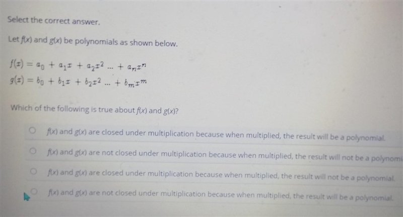 Select the correct answer. Let f(x) and g(x) be polynomials as shown below. ​-example-1