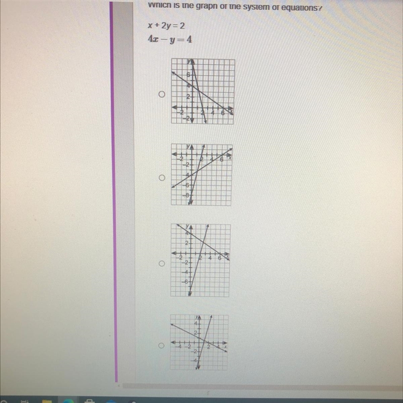 Which is the graph of the system of equations? x + 2y = 2 4x - y=4 plz help-example-1