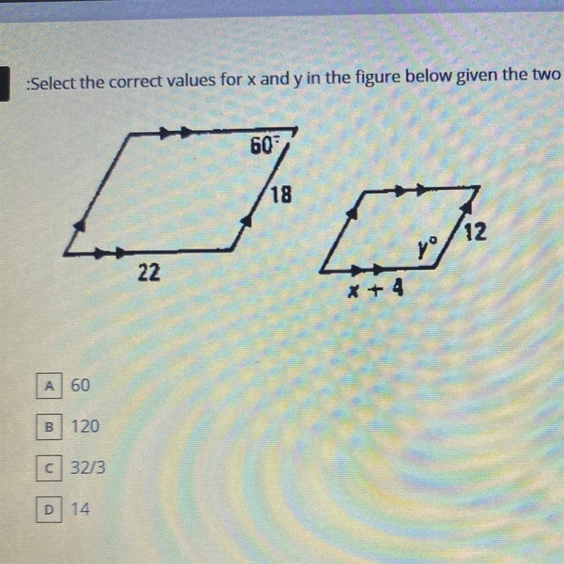 Select the correct values for x and y in the figure below given the two figures are-example-1