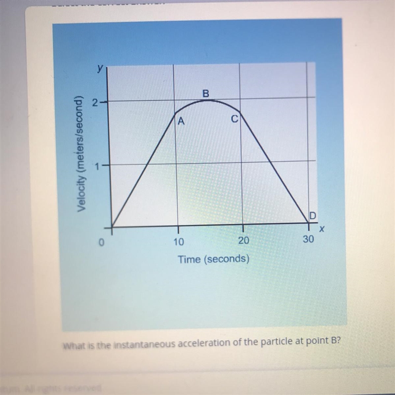 What is the instantaneous acceleration of the particle at point B? A) 0 meters/second-example-1