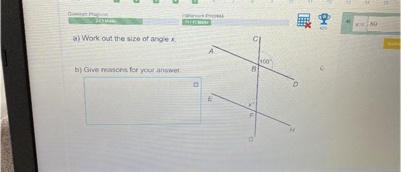 A) Work out the size of angle x. b) Give reasons for your answer.-example-1